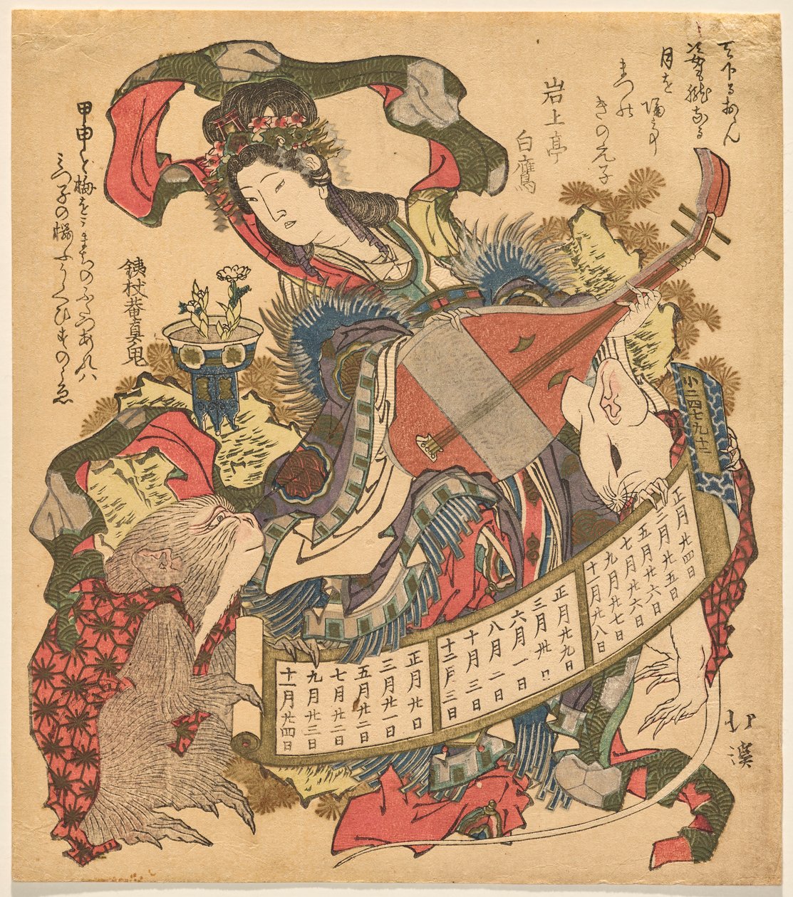 Benzaiten speelt biwa met aap en witte rat door Totoya Hokkei