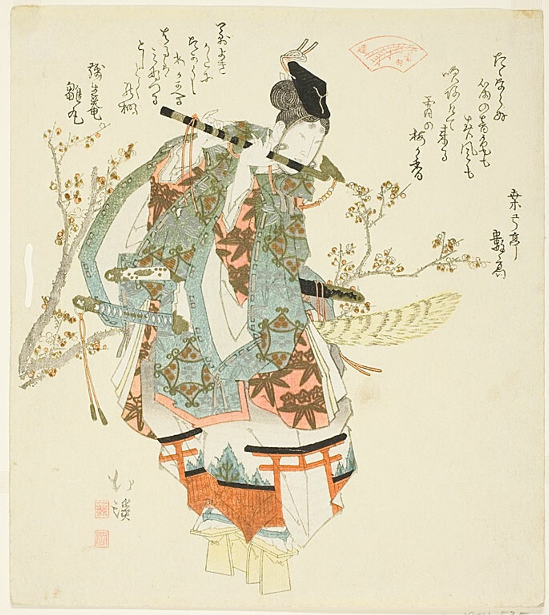 Minamoto no Yoshitsune (Ushiwaka Maru) speelt op een fluit door Totoya Hokkei