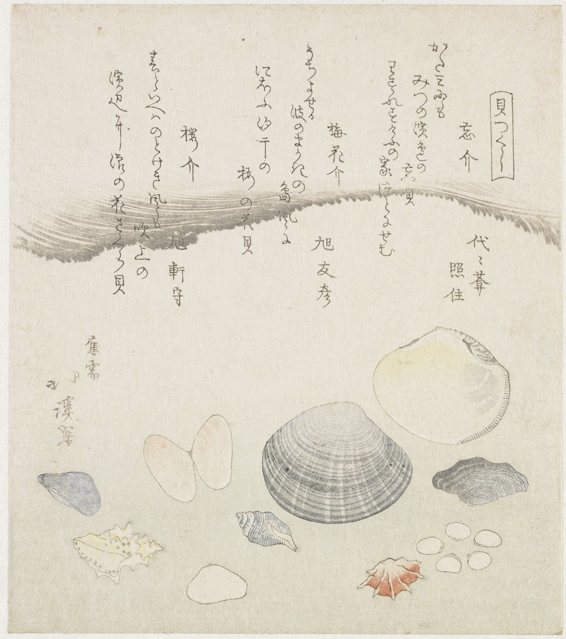 Vergeten schelp, pruimenbloesem schelp en kersen schelp door Totoya Hokkei