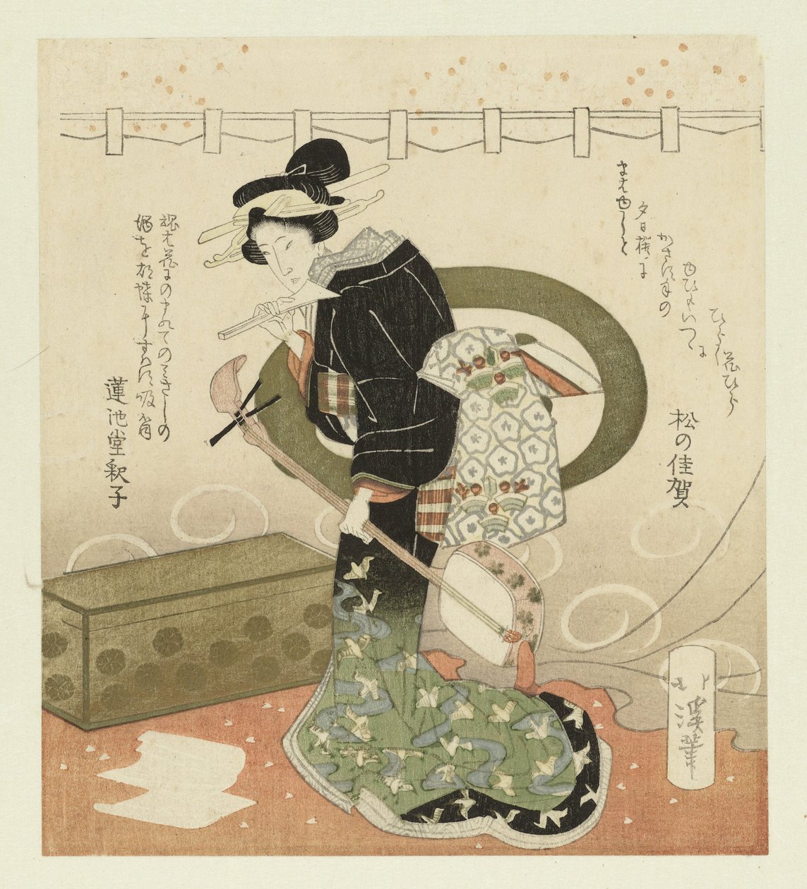 Vrouw met shamisen door Totoya Hokkei