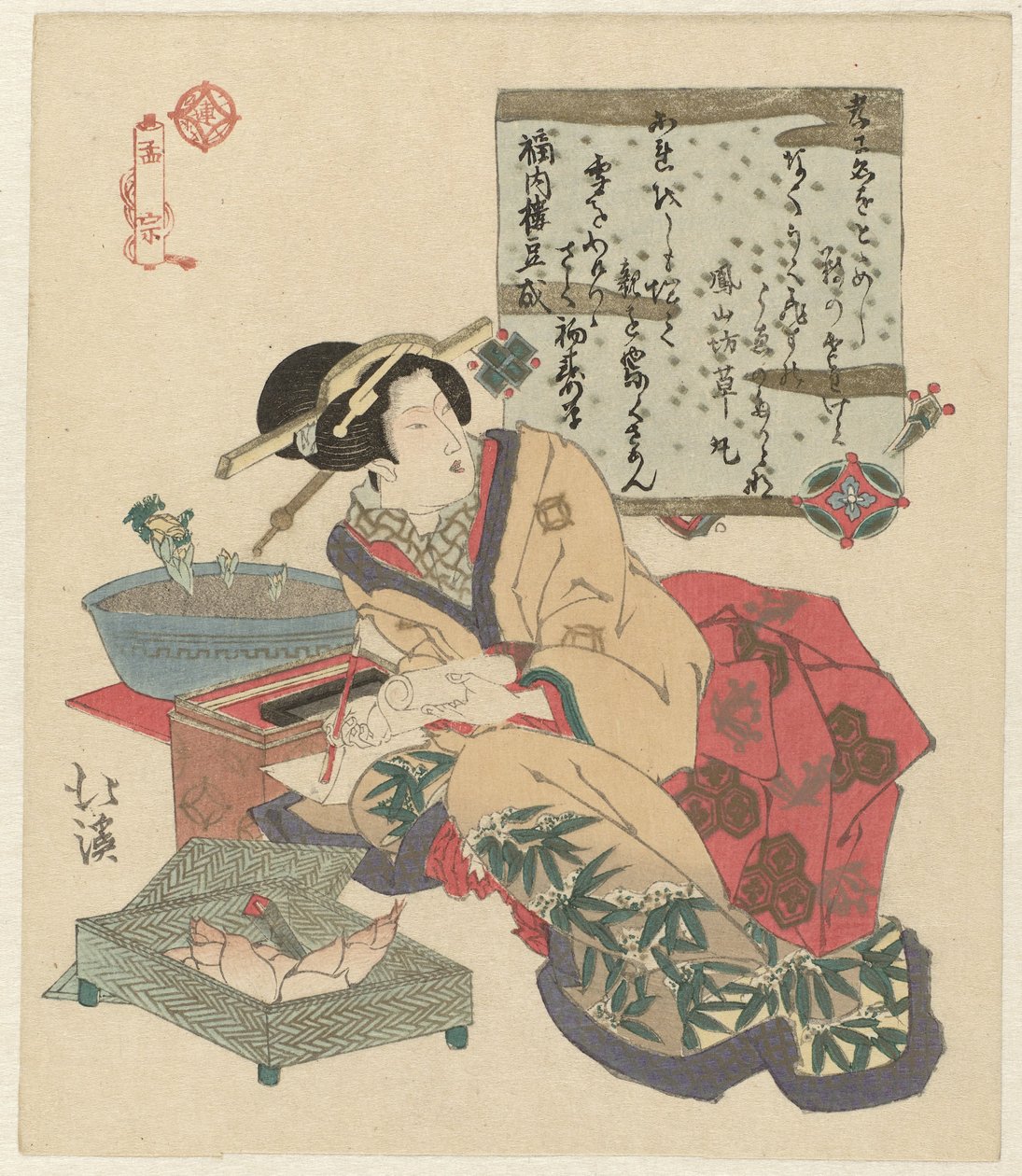 Vrouw schrijft een brief door Totoya Hokkei
