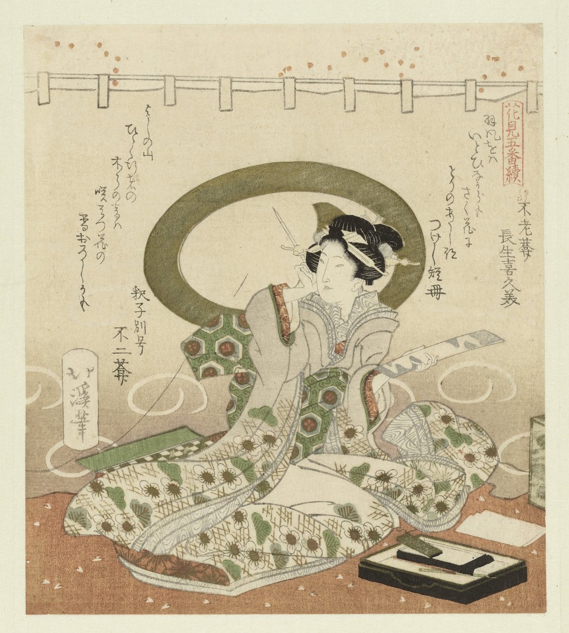 Vrouw schrijft gedicht door Totoya Hokkei