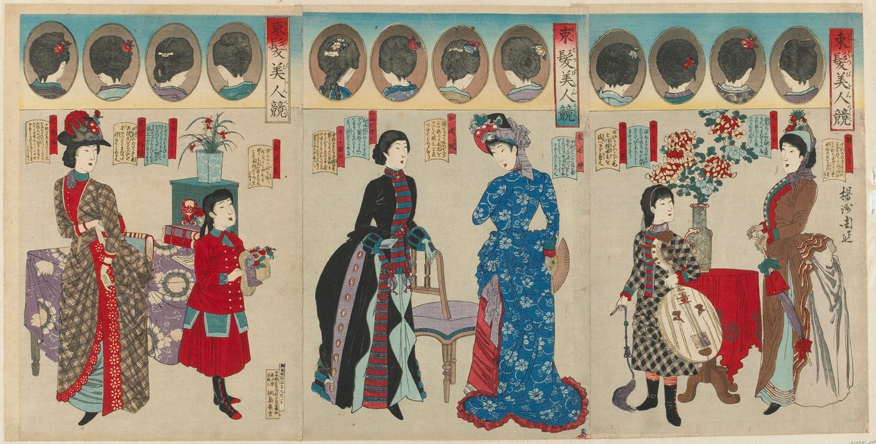 Vergelijking van mooie vrouwen in westerse kapsels, Meiji-periode, 1887 door Toyohara Chikanobu