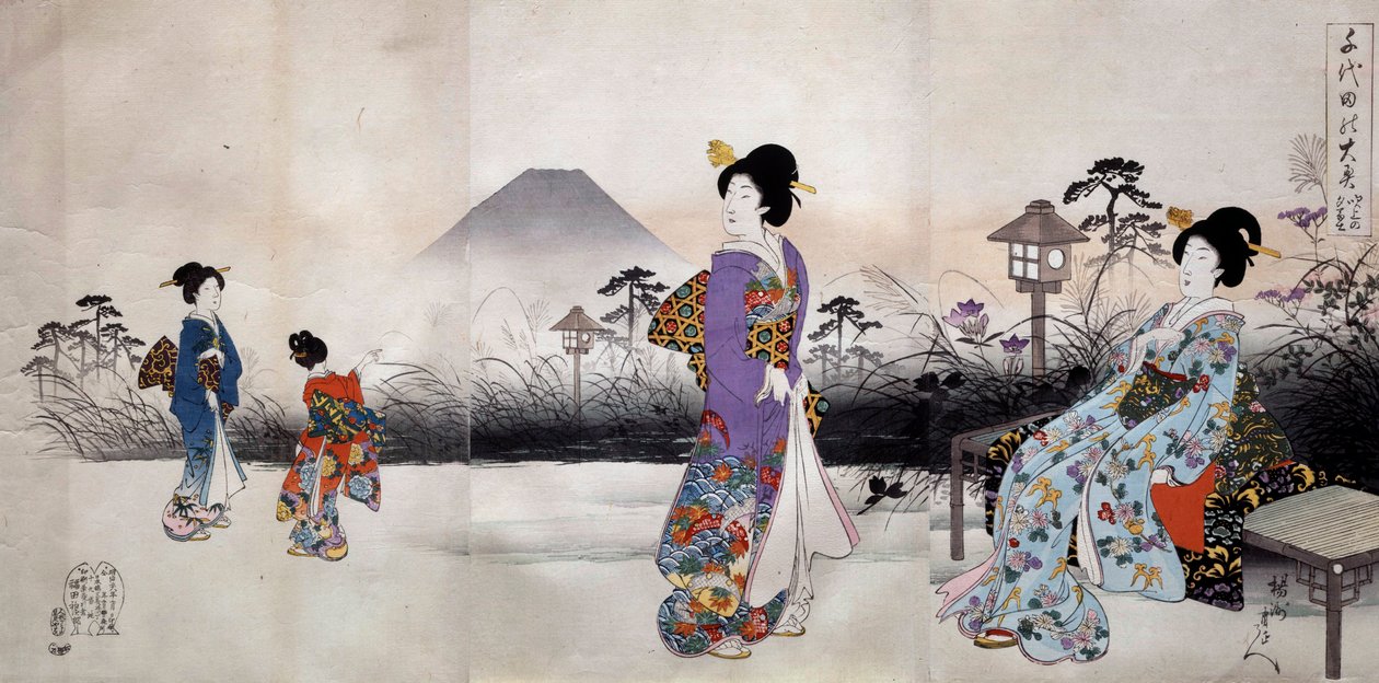 Japanse vrouwen wandelen voor de berg Fuji Japanse prent door Toyohara Chikanobu (1838-1912) 1896 Privécollectie door Toyohara Chikanobu