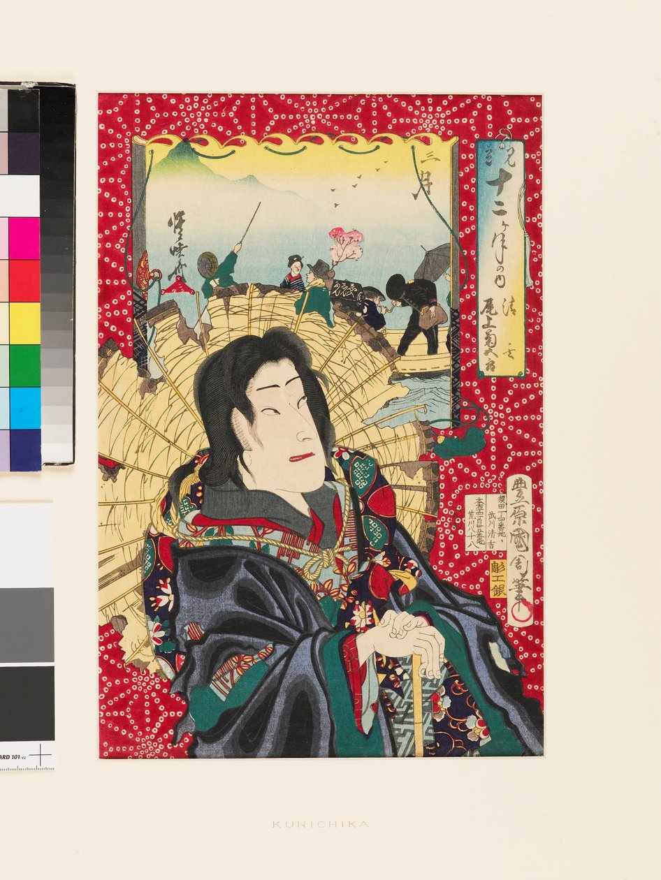 Derde maand. Onoe Kikugorō als de geest van Seigen en een groep die geniet van een boottochtje in de lente door Toyohara Kunichika
