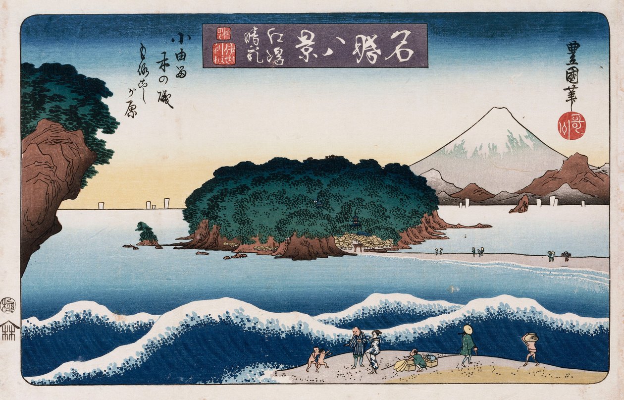 Opklarend weer, Enoshima, uit de serie Acht uitzichten van beroemde plaatsen door Toyokuni II
