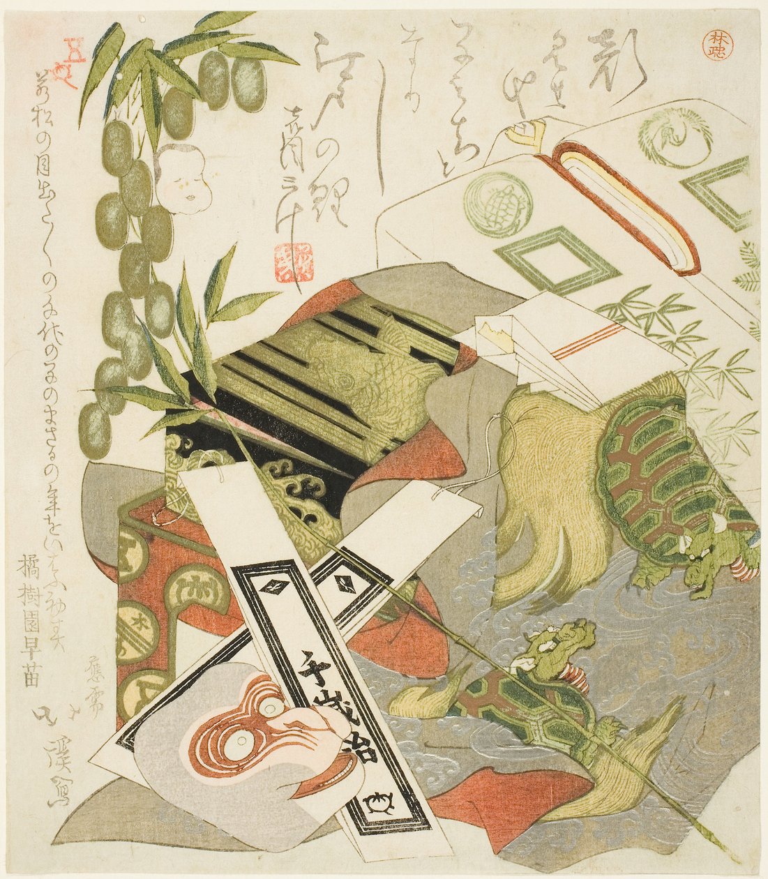 Stilleven met apenmasker door Toyota (1780-1850) Hokkei