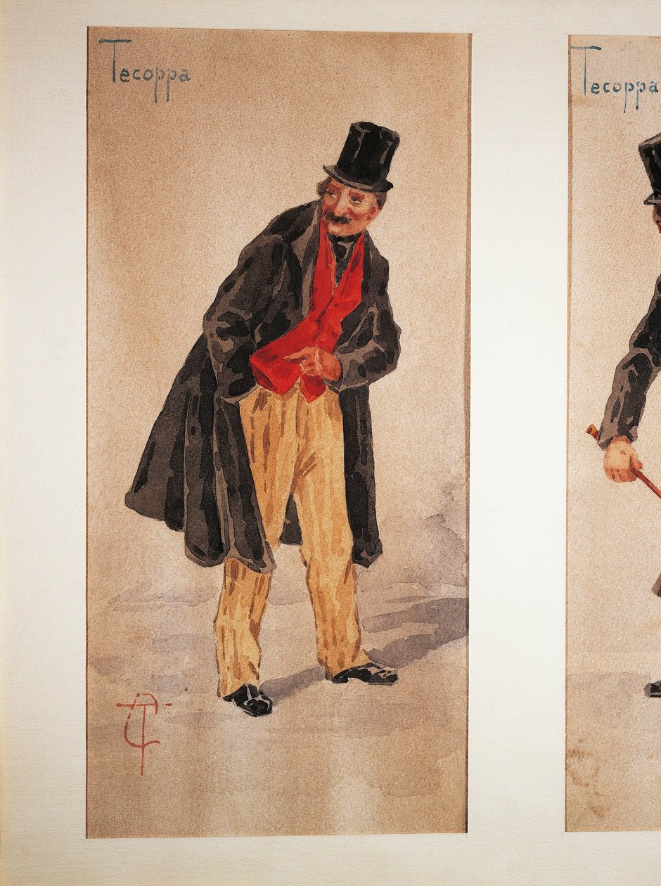 Karakter van Tecoppa gecreëerd door Milanese acteur Edoardo Ferravilla in 1874, aquarel door Tranquillo Cremona