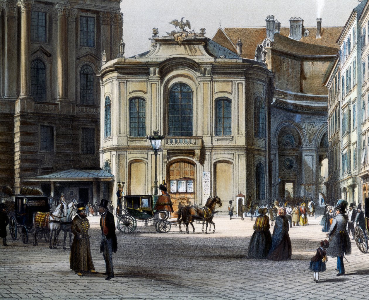 Burgtheater in Wenen Michaelerplatz met Winterreitschule aan de rechterkant, door Tranquillo Mollo, gekleurde gravure, Oostenrijk door Tranquillo Mollo