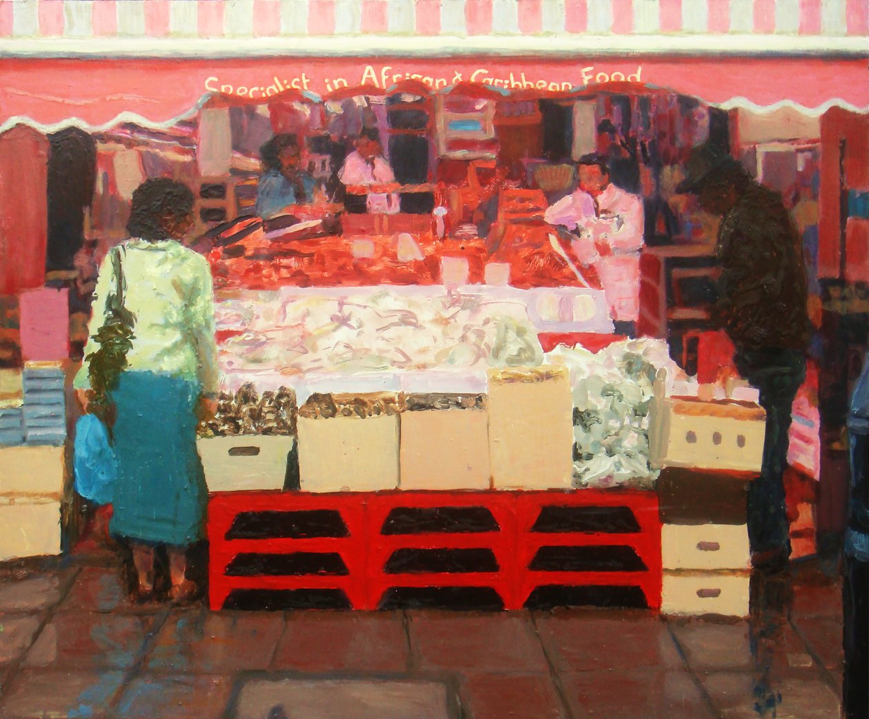 Afrikaans  Caribisch voedsel, 2010 (olieverf op board) door Trevor Burgess