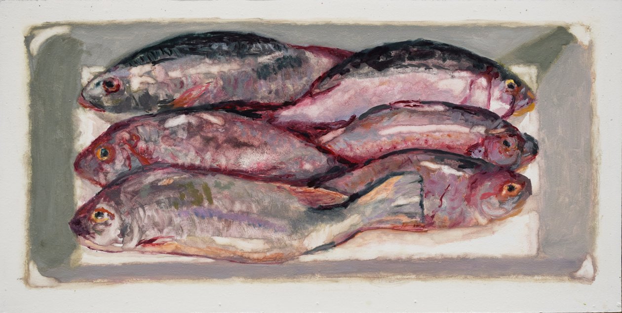 Viskrat 1 (Billingsgate, Londen), 2016 (olieverf op board) door Trevor Burgess