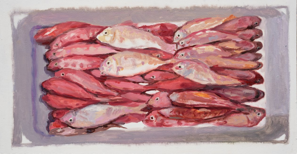 Viskrat 4 (Billingsgate, Londen), 2016 (olieverf op board) door Trevor Burgess