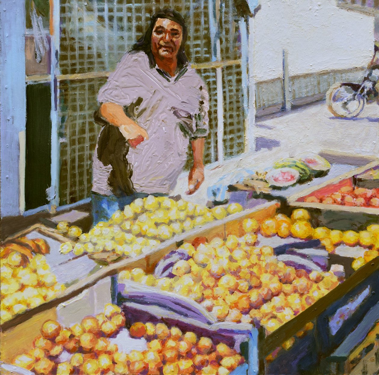 Fruitverkoper (San Juan, Argentinië), 2016 (olieverf op board) door Trevor Burgess
