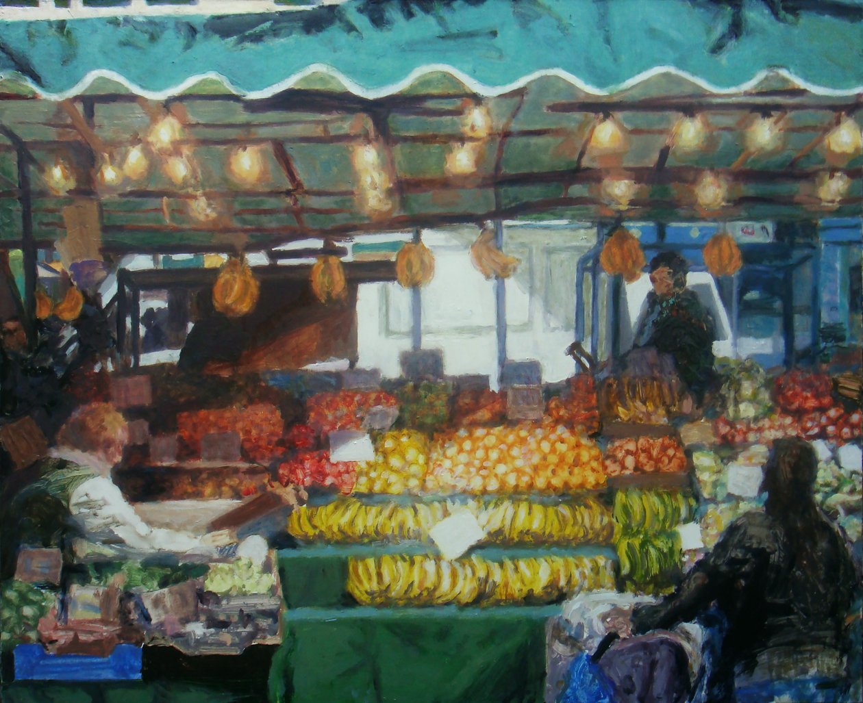 Grote marktkraam (Lewisham, Londen), 2011 (olieverf op board) door Trevor Burgess