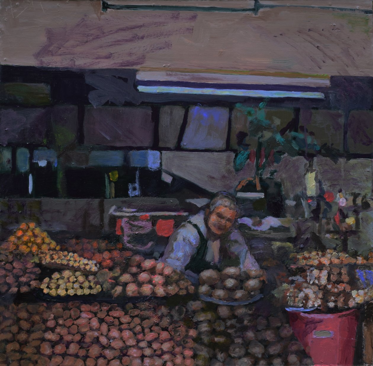 Aardappelkraam (Quito, Ecuador), 2015 (olieverf op board) door Trevor Burgess