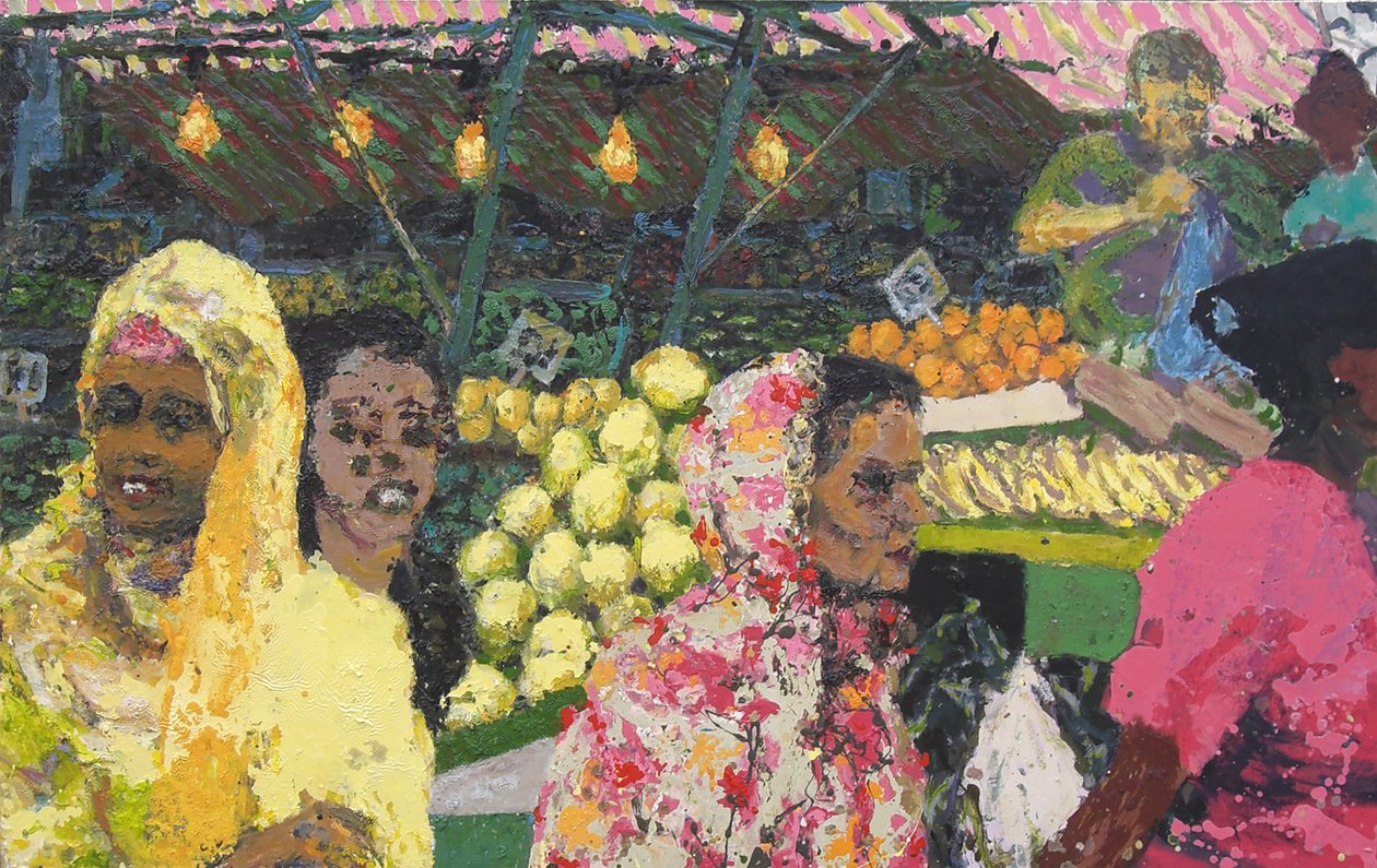 Ridley Road Market (Londen), 2002 (olieverf op doek) door Trevor Burgess