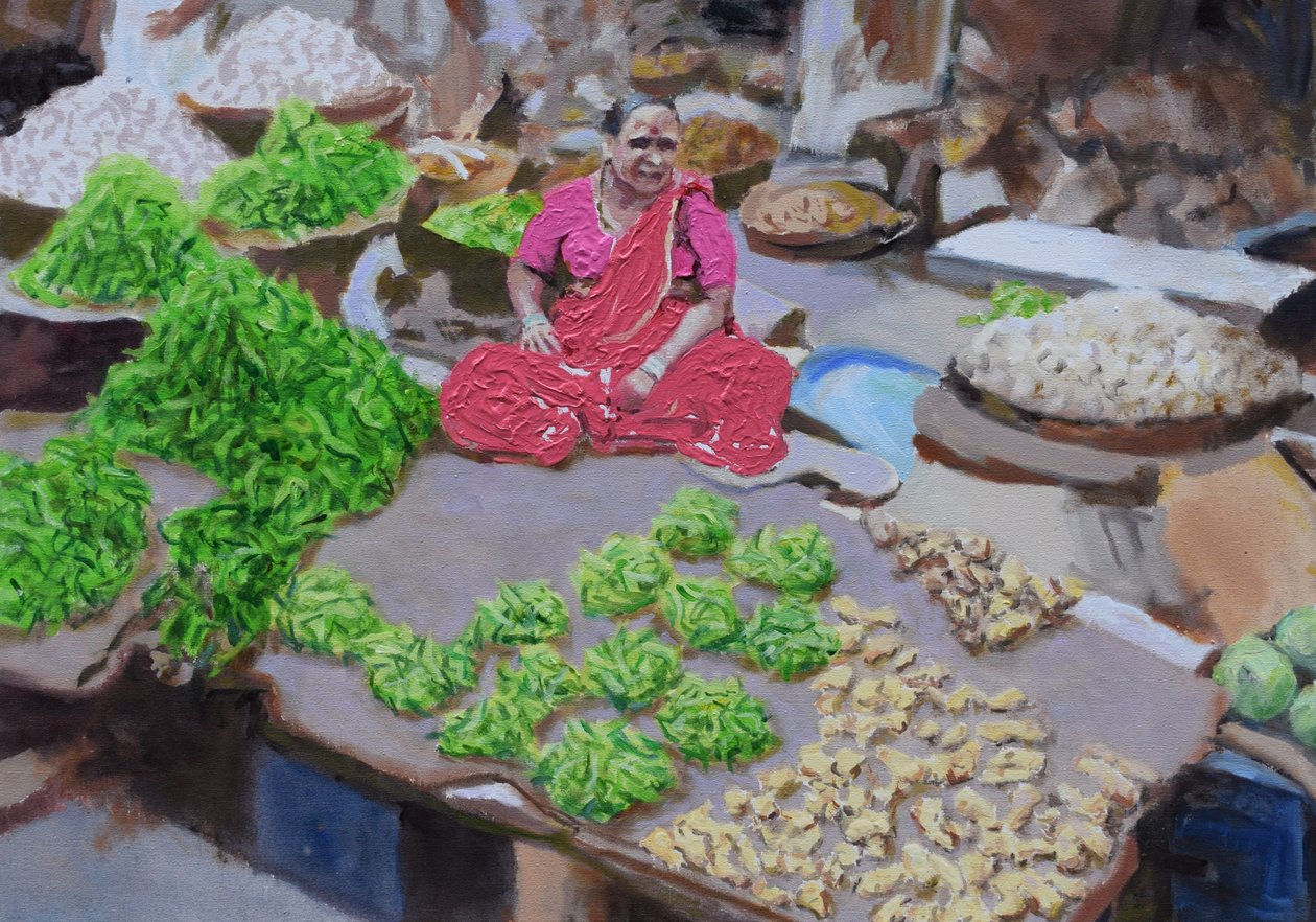 Verkoop van pepers en gember (Thane, Mumbai), 2016 (olieverf op doek) door Trevor Burgess