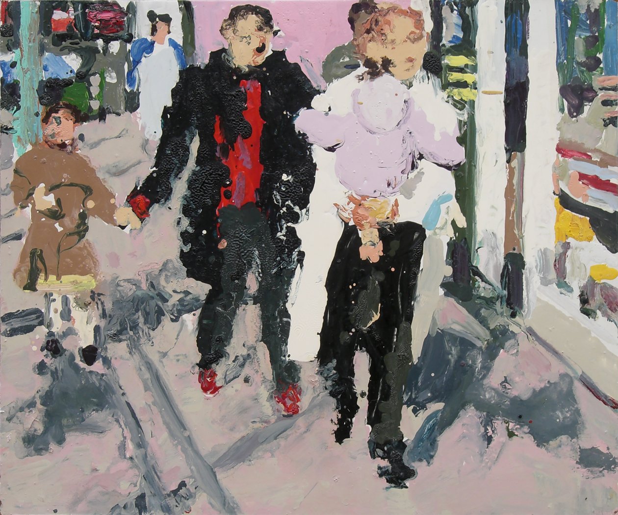Winkelend publiek met kinderen, 2003 (olieverf op board) door Trevor Burgess