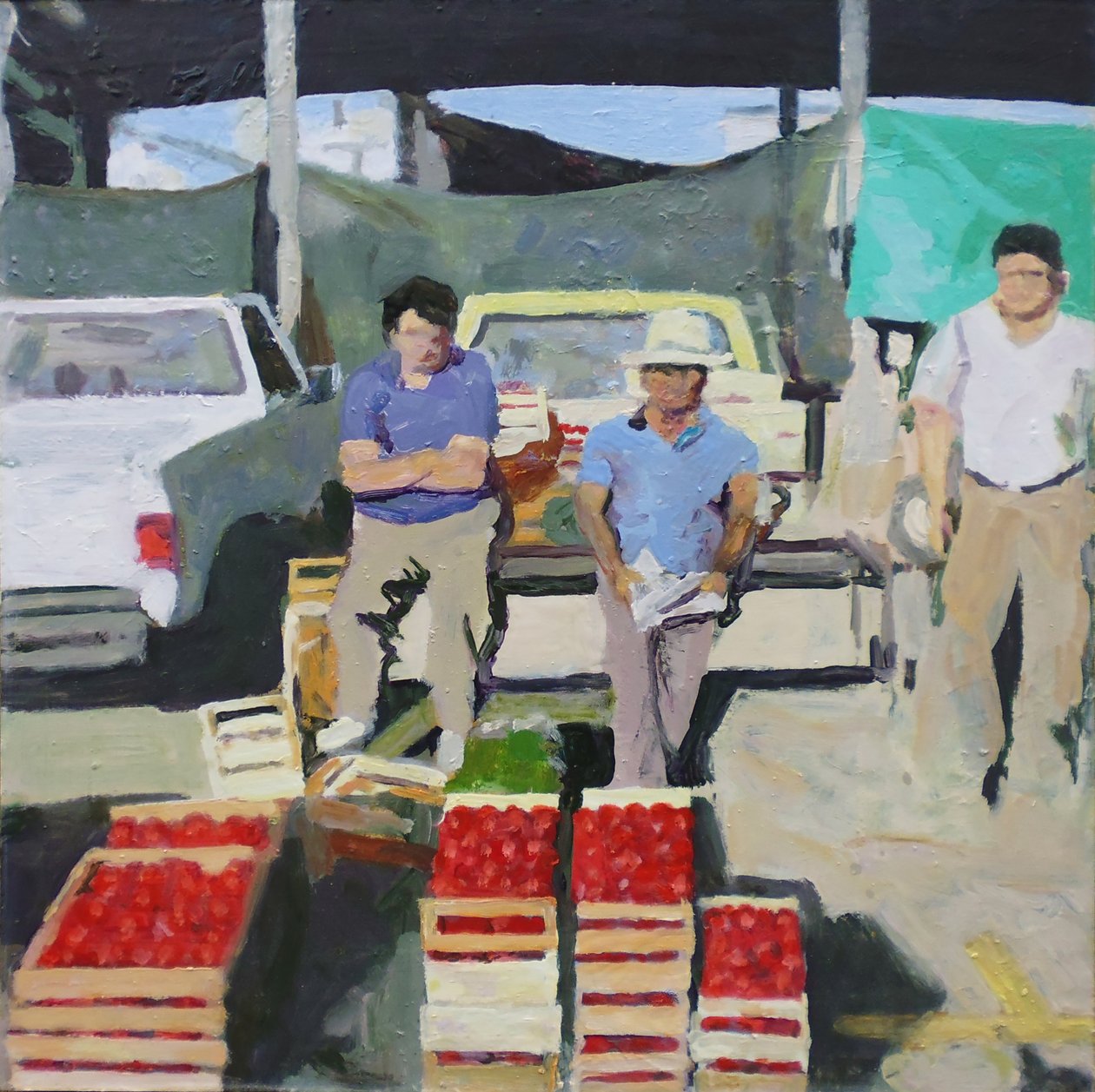 Drie mannen verkopen tomaten (San Juan, Argentinië), 2014 (olieverf op board) door Trevor Burgess