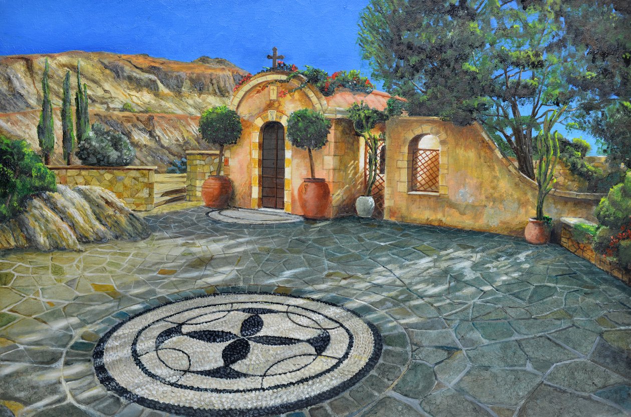 Kapel Lyndos, Rhodos, Griekenland, 2024 (olieverf op board) door Trevor Neal