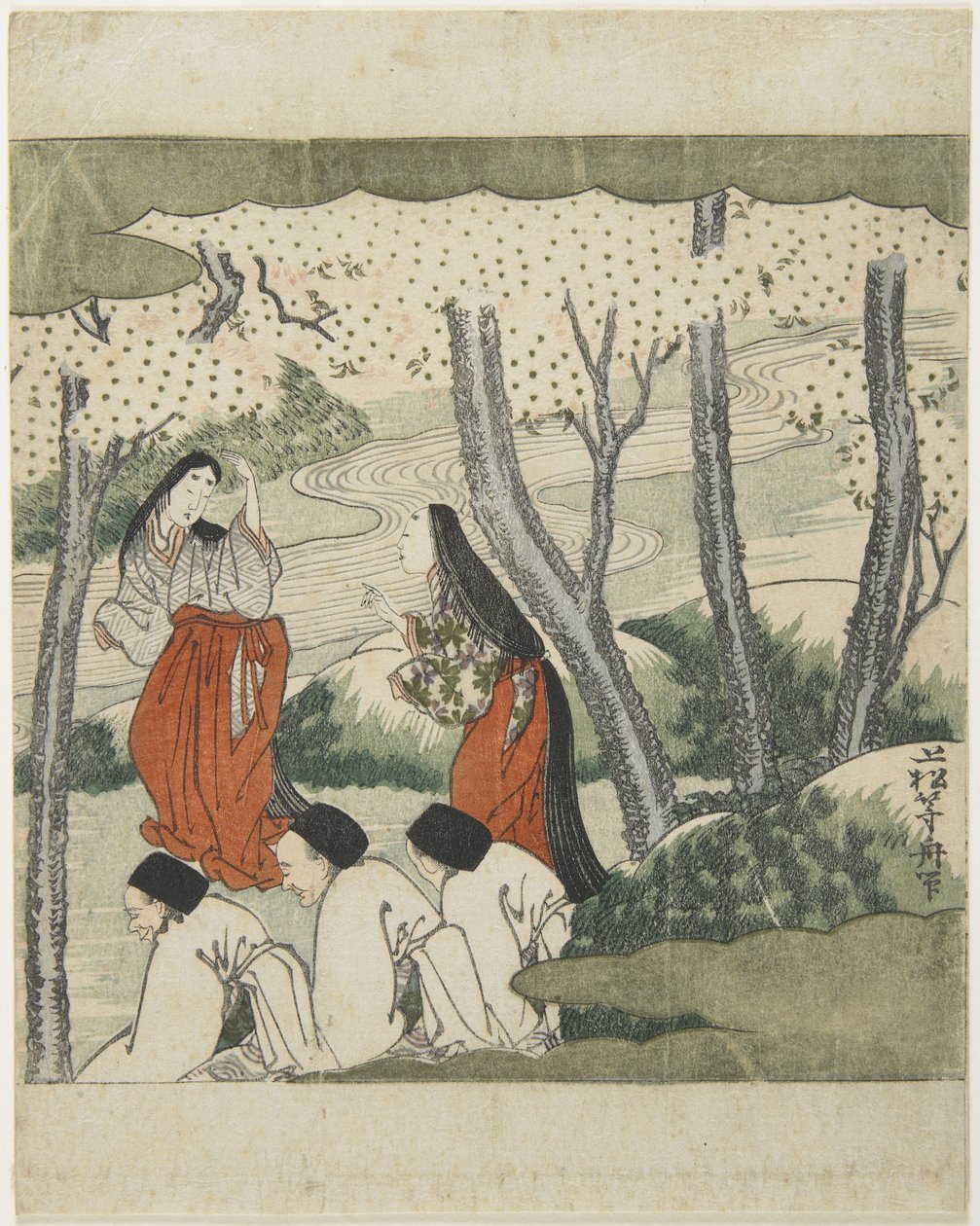 (Twee hofdames en drie oude mannen) door Tōshū Uematsu