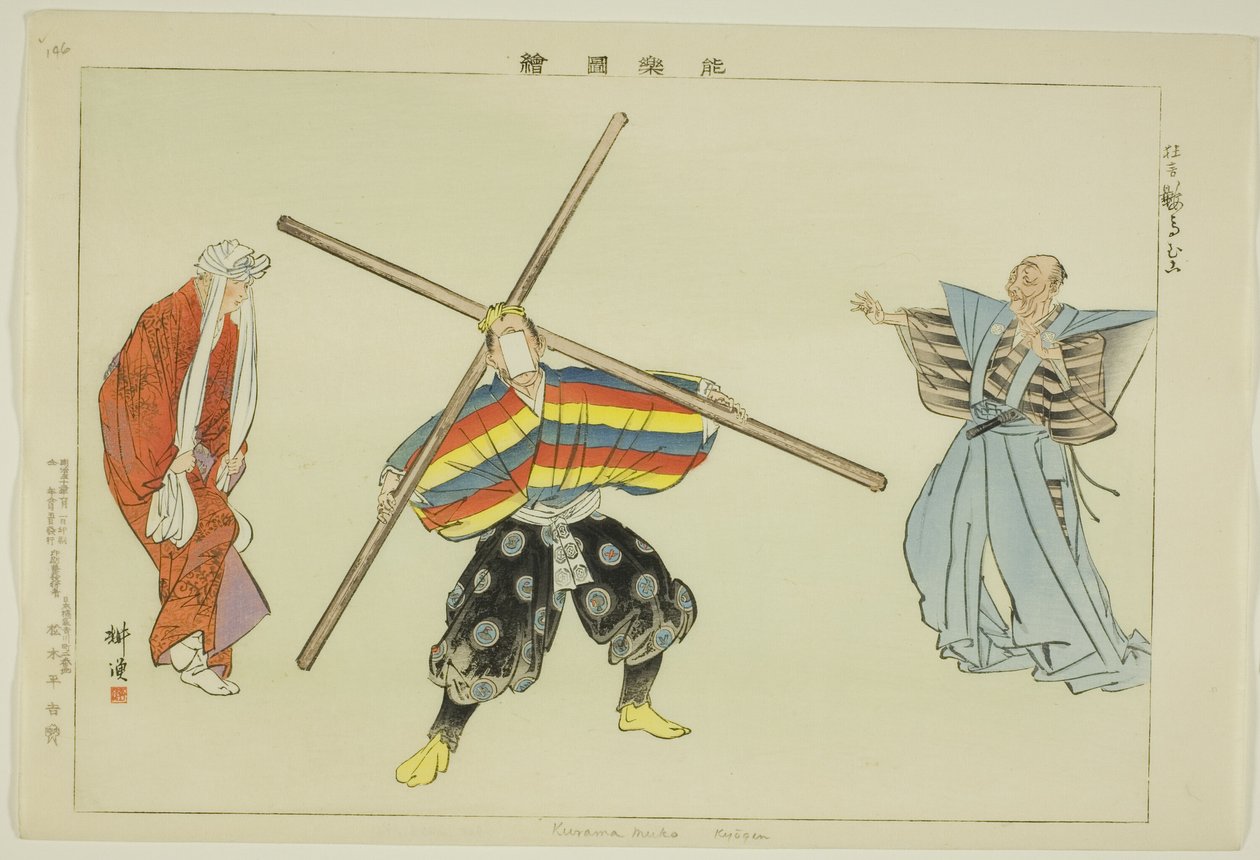 Kurama muko (Kyogen), uit de serie "Afbeeldingen van No-voorstellingen (Nogaku Zue)" door Tsukioka Kogyo