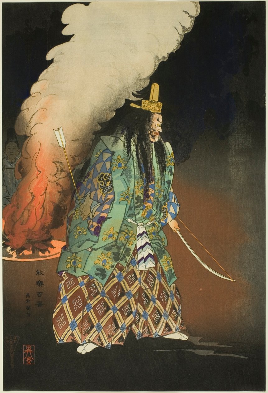 Scène van een No Drama: The Gold Charms, uit de serie "One Hundred No Dramas (Nogaku hyakuban)". door Tsukioka Kogyo