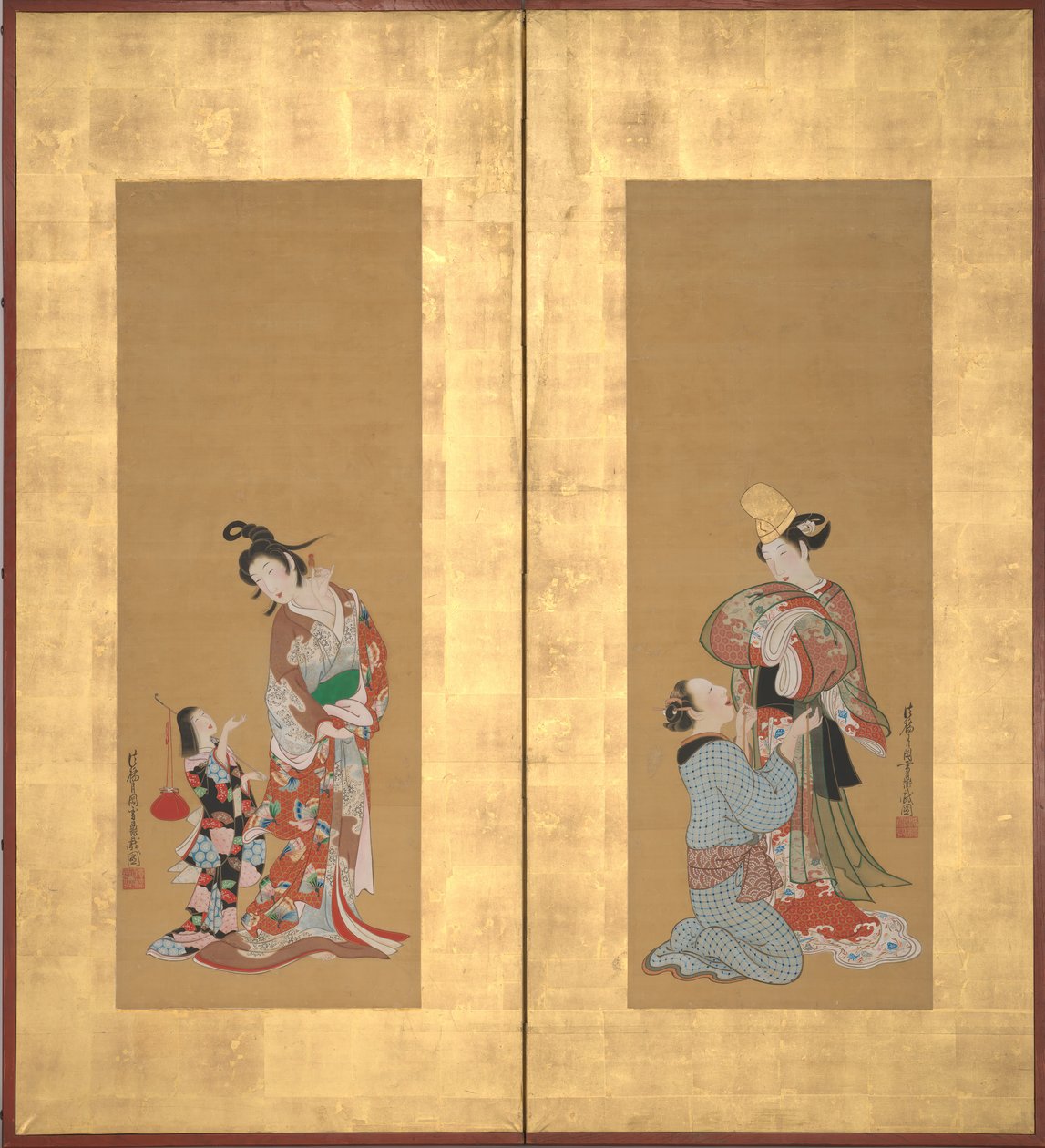 Shirabyoshi danseres en vrouwelijke dienaar, courtisane en meisje bediende, midden 18e eeuw door Tsukioka Masanobu