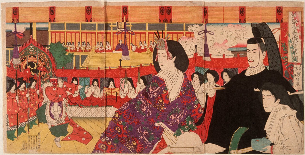 Een bugaku-uitvoering in het Keizerlijk Paleis tijdens het Poppenfestival door Tsukioka Yoshitoshi