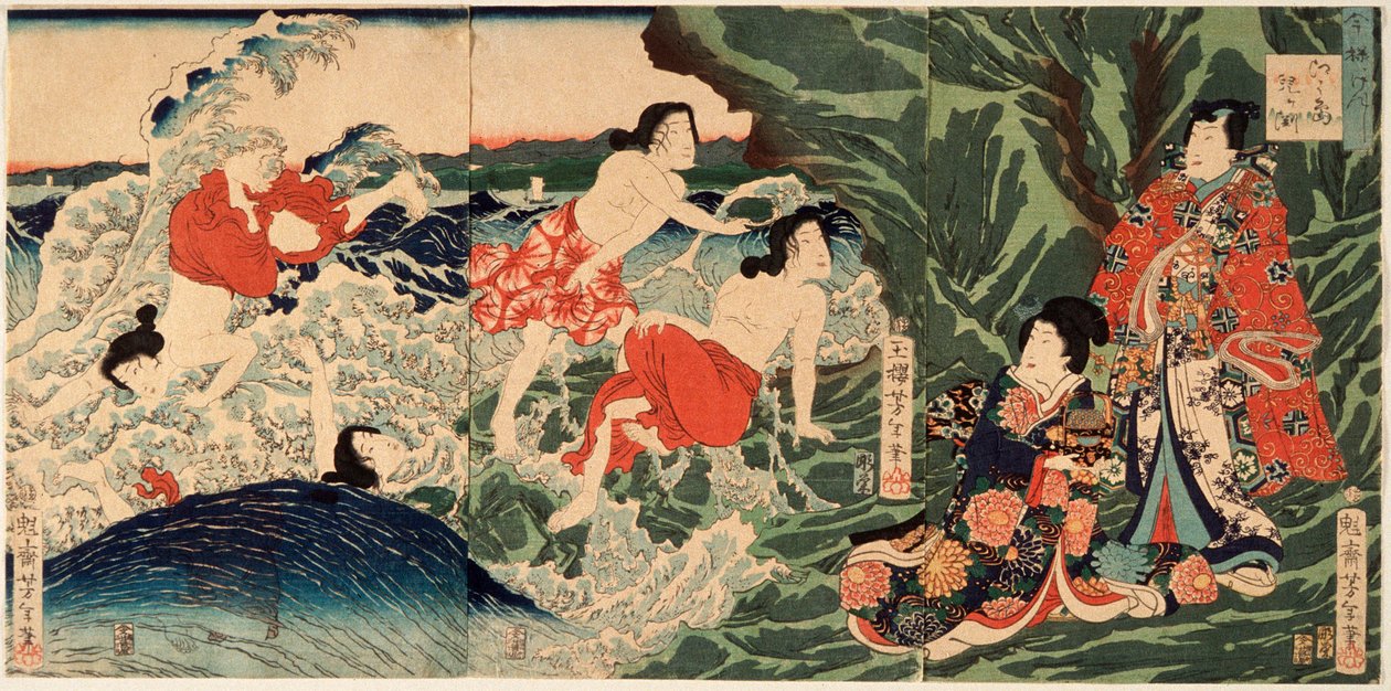 Een moderne prins Genji bij Chigogafuchi, Enoshima door Tsukioka Yoshitoshi