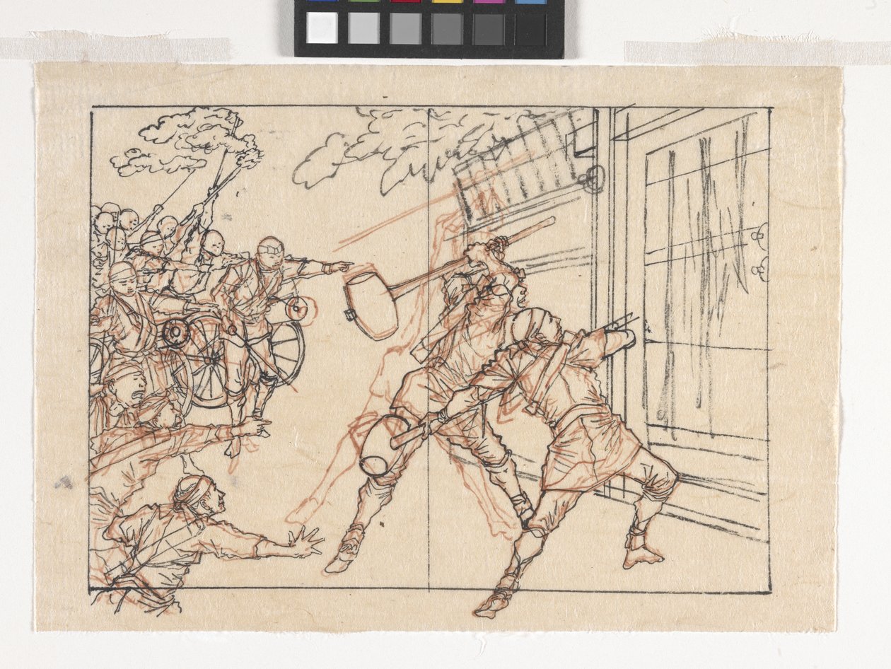 Tekening van soldaten die een poort bestormen door Tsukioka Yoshitoshi