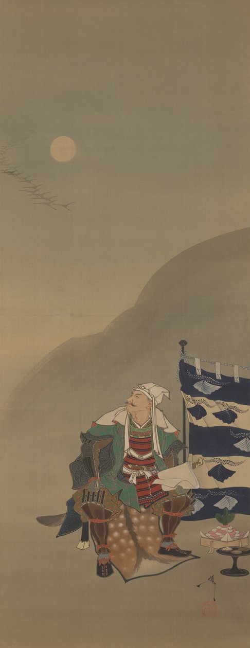 Frost vult de lucht en de herfstlucht is stil/lijnen van terugkerende ganzen kruisen de maan in het derde uur-Kenshin, uit de serie Twaalf Aspecten van de Maan door Tsukioka Yoshitoshi