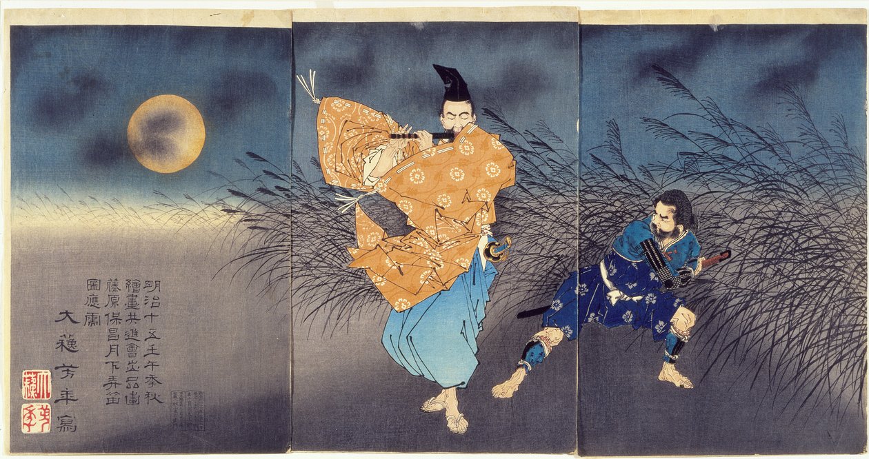 Fujiwara no Yasumasa speelt fluit bij maanlicht door Tsukioka Yoshitoshi