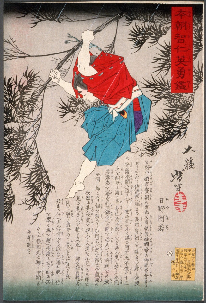 Hino Kumawaka springt van bamboe door Tsukioka Yoshitoshi