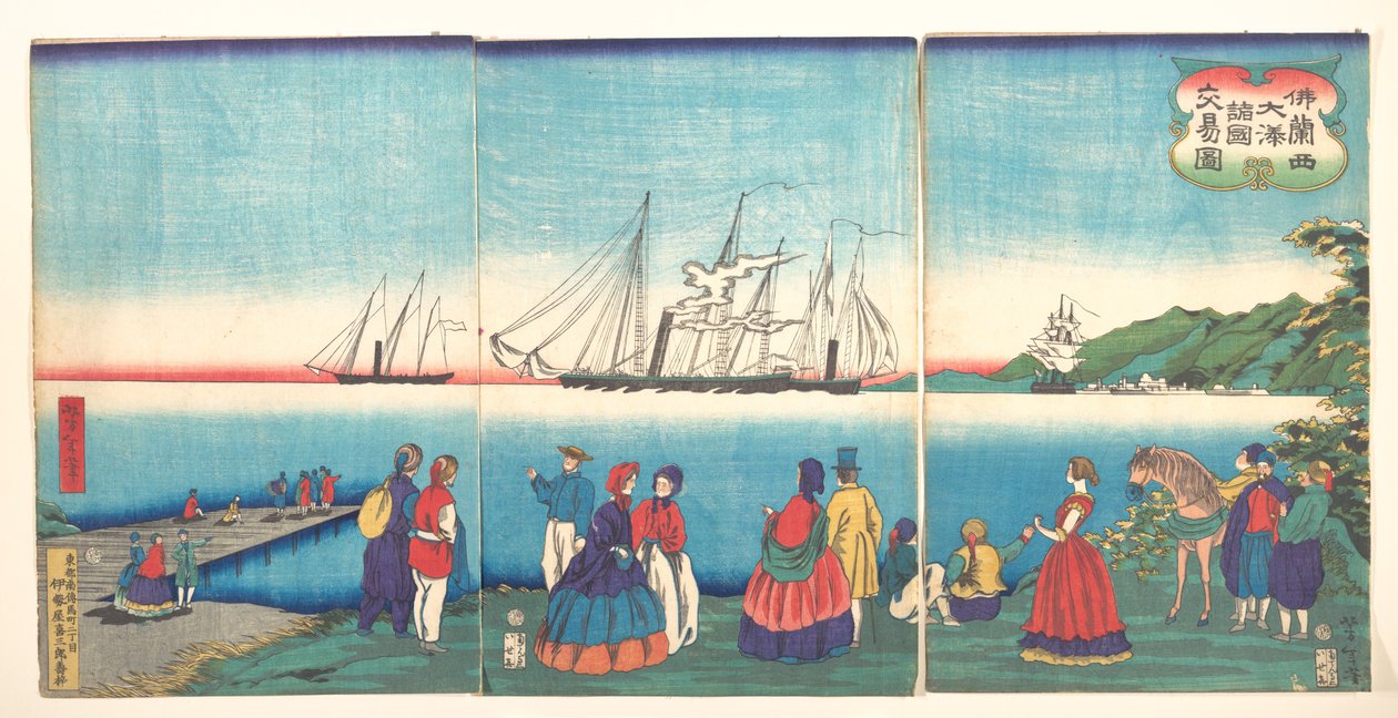 Illustratie van een grote Franse haven die handel drijft met vele naties door Tsukioka Yoshitoshi