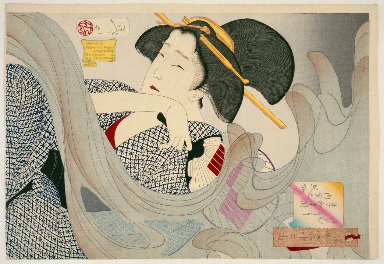 Ziet er rokerig uit. Een huisvrouw uit het Kyowa-tijdperk Kemuso Kyowa nenkan naishitsu no fuzoku, 1880 door Tsukioka Yoshitoshi