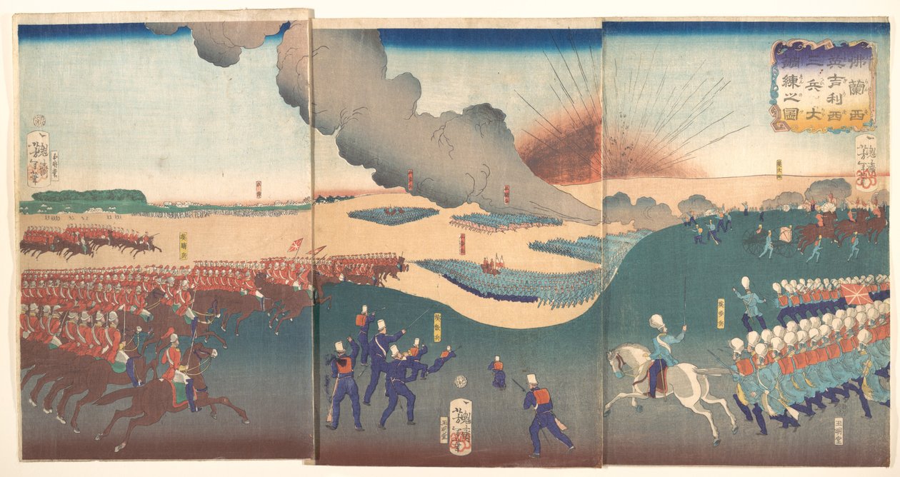 Manoeuvres van drie categorieën Franse en Engelse soldaten (Furansu Igirisu sanhei ōchōren no zu) door Tsukioka Yoshitoshi