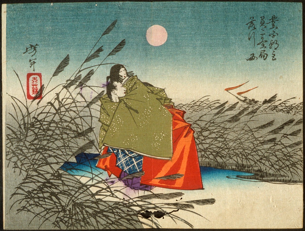 Narihira en Nijō no Tsubone bij de Fuji-rivier door Tsukioka Yoshitoshi