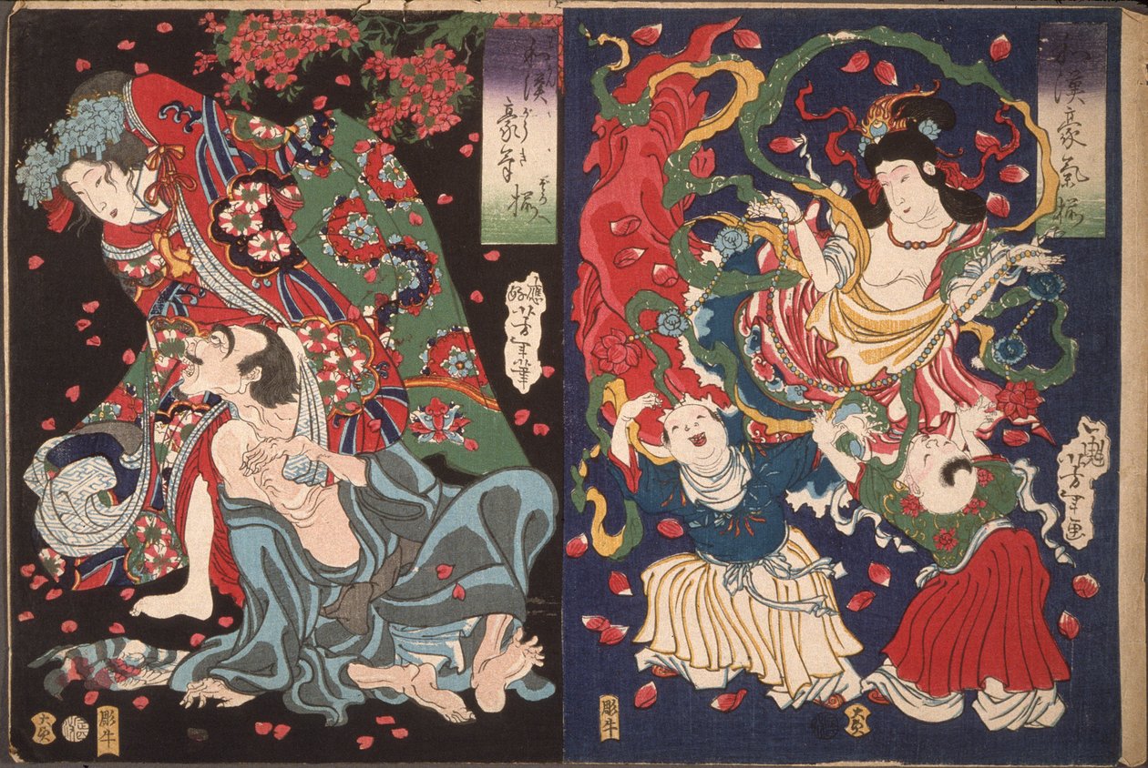 Seigen en Sakurahime; engel met twee kinderen door Tsukioka Yoshitoshi