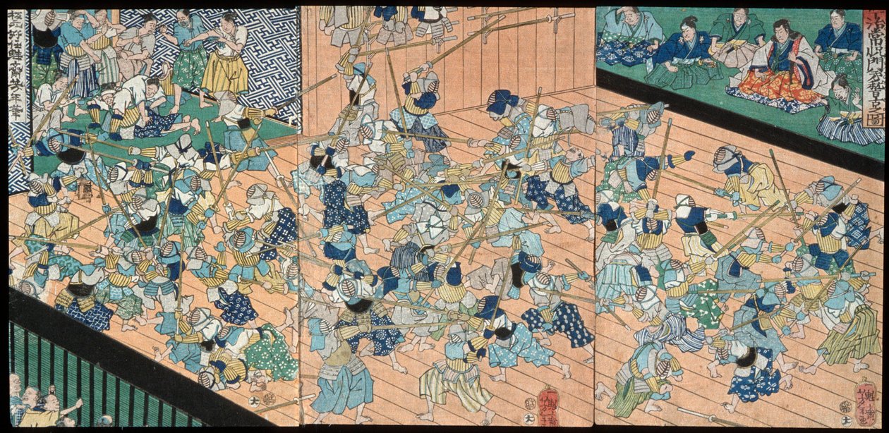 De leerlingen van Uji Jōetsu oefenen schermen door Tsukioka Yoshitoshi