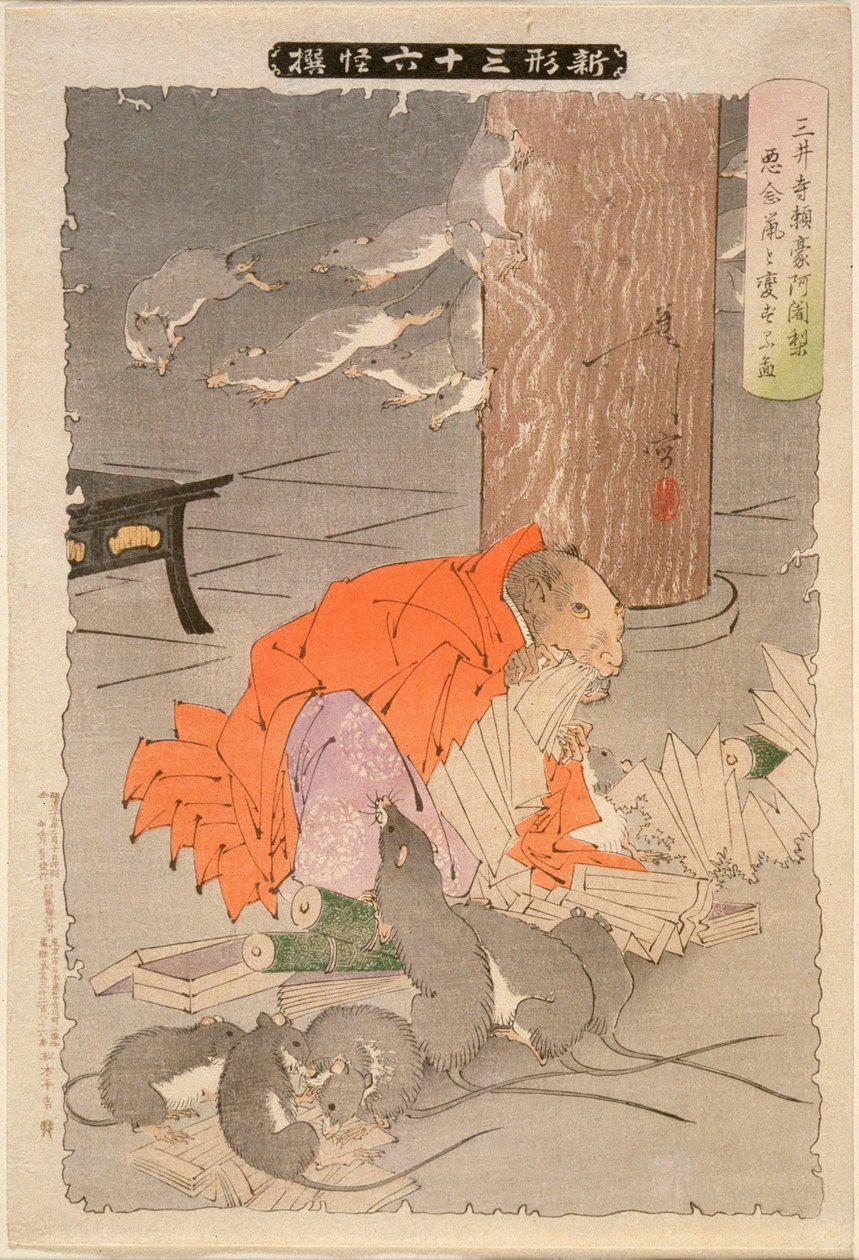 De boze gedachten van de priester Raigō van Miidera veranderen hem in een rat door Tsukioka Yoshitoshi