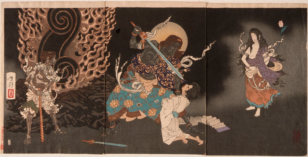 Yūten die het zwaard van Fudō inslikt door Tsukioka Yoshitoshi