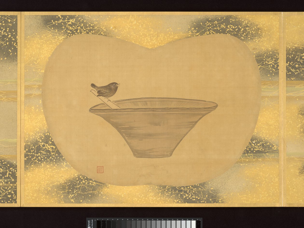 Album met waaiervormige schilderijen van figuren, vogels en bloemen door Tsunenobu Kano