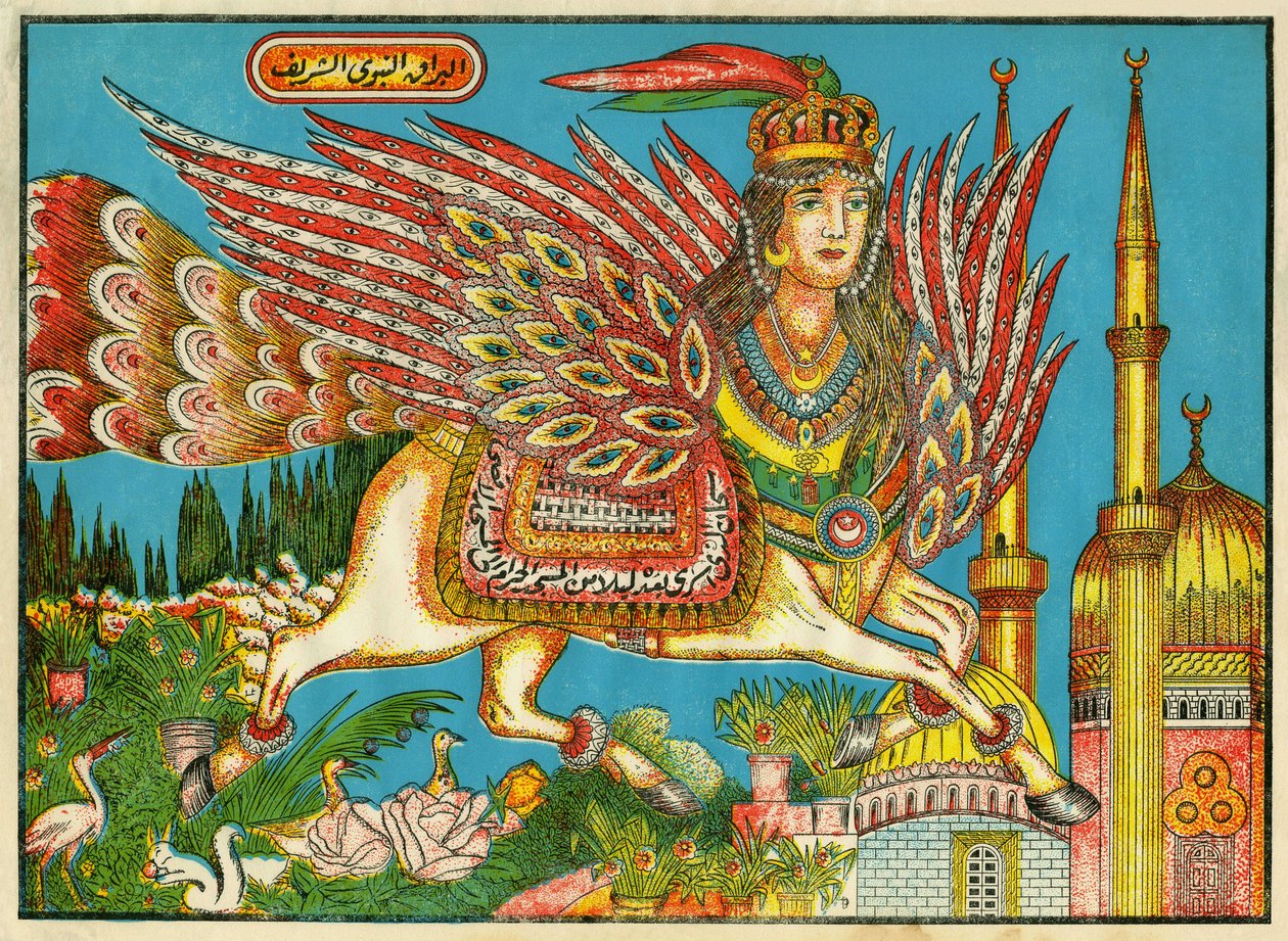 Al-Bourak (Al Bourak) (Buraq, Bouraq, Burak), paard met vleugels, vrouwenhoofd en pauwenstaart, waarop Mohammed, geleid door Aartsengel Gabriël, 