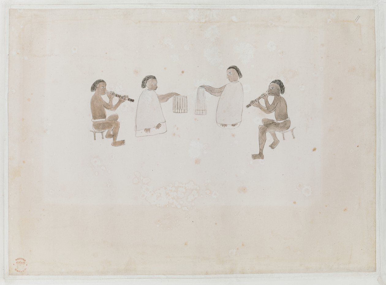 Add MS 15508 f.11 Muzikanten van Tahiti, juni 1770 door Tupaia Tupaia