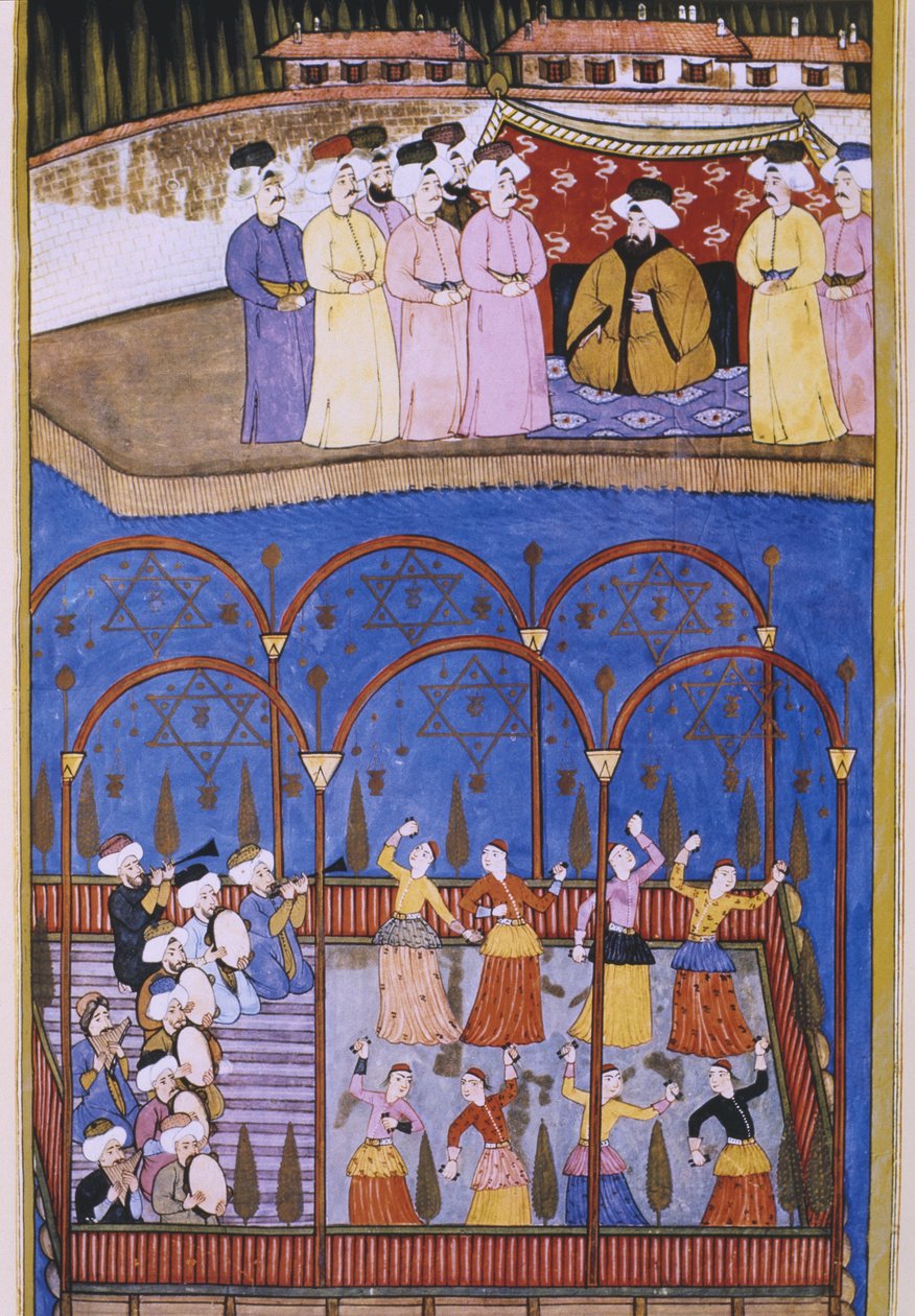 Dansers en muzikanten voor de sultan en zijn hof, uit Sur-Nama door Turkish School