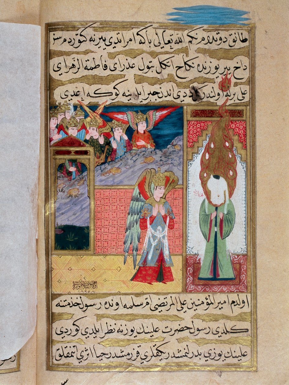 Ontmoeting van de aartsengel Gabriël en de profeet Mohammed (570-632) (gezicht bedekt) in de moskee van Medina. Turkse miniatuur uit de 18e eeuw. Istanbul, Museum voor Turkse-Islamitische Kunst door Turkish School