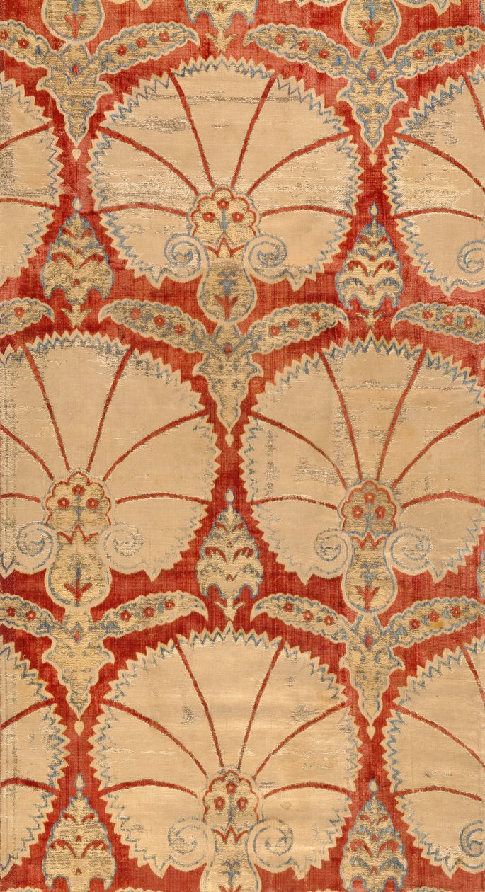 Paneel van rood gesneden fluweel met anjerpalmetten in goud en zilver door Turkish School