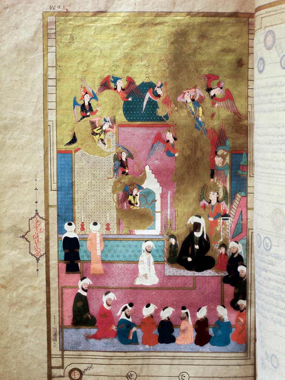 De profeet Mohammed (Mohammed of Mohammed) (570-632) (bedekt gezicht) tijdens de Mirac, zijn opstijging naar de zevende hemel Miniatuur uit het manuscript 