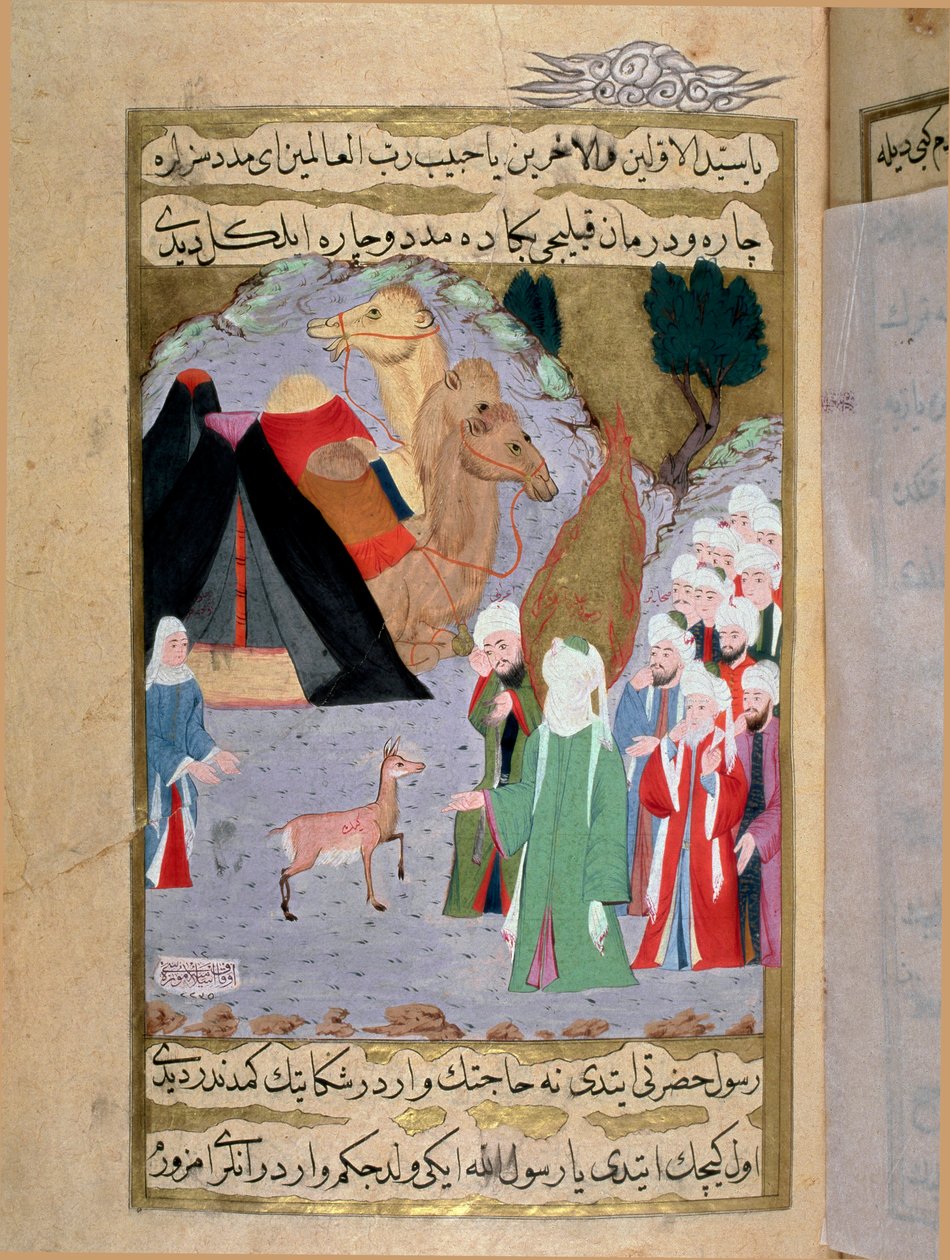 De profeet Mohammed (570-632) luistert naar het gehuil van een hinde. Miniatuur uit een Turks manuscript geschreven door Erzeni, geïllustreerd door Seyyid Suleiman Pasha, over het leven van Mohammed. 18e eeuw. Istanbul, Turks-Islamitisch Kunstmuseum door Turkish School